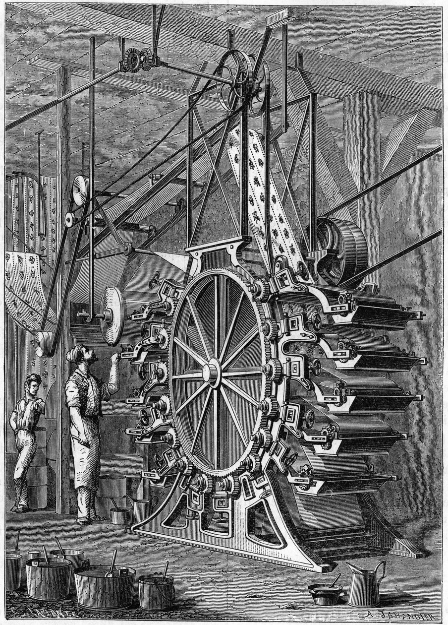 De nieuwe behangdrukmachine. Gravure in het illustere tijdschrift 
