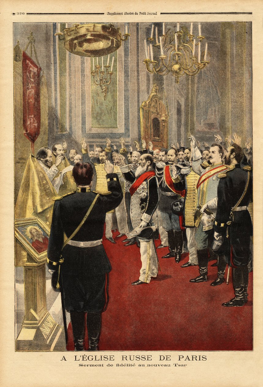 De eed van trouw aan de nieuwe tsaar Nicolaas II (1868-1918), in de kathedraal Saint Alexandre Nevsky, rue Daru, Parijs. Gravure in 
