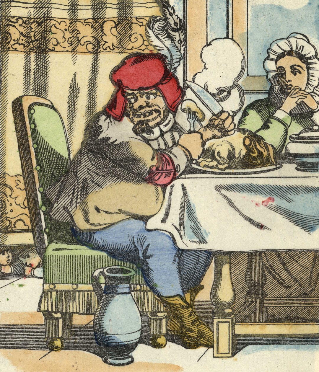 De reus aan tafel voelt de aanwezigheid van Klein Duimpje en zijn broers (illustratie van het sprookje 
