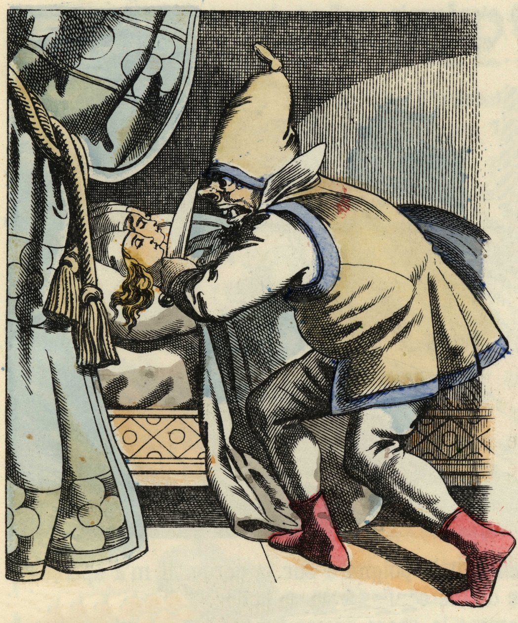 De reus hakt het hoofd van zijn zeven dochters af, denkend dat hij Klein Duimpje en zijn broers doodt (illustratie van het sprookje 