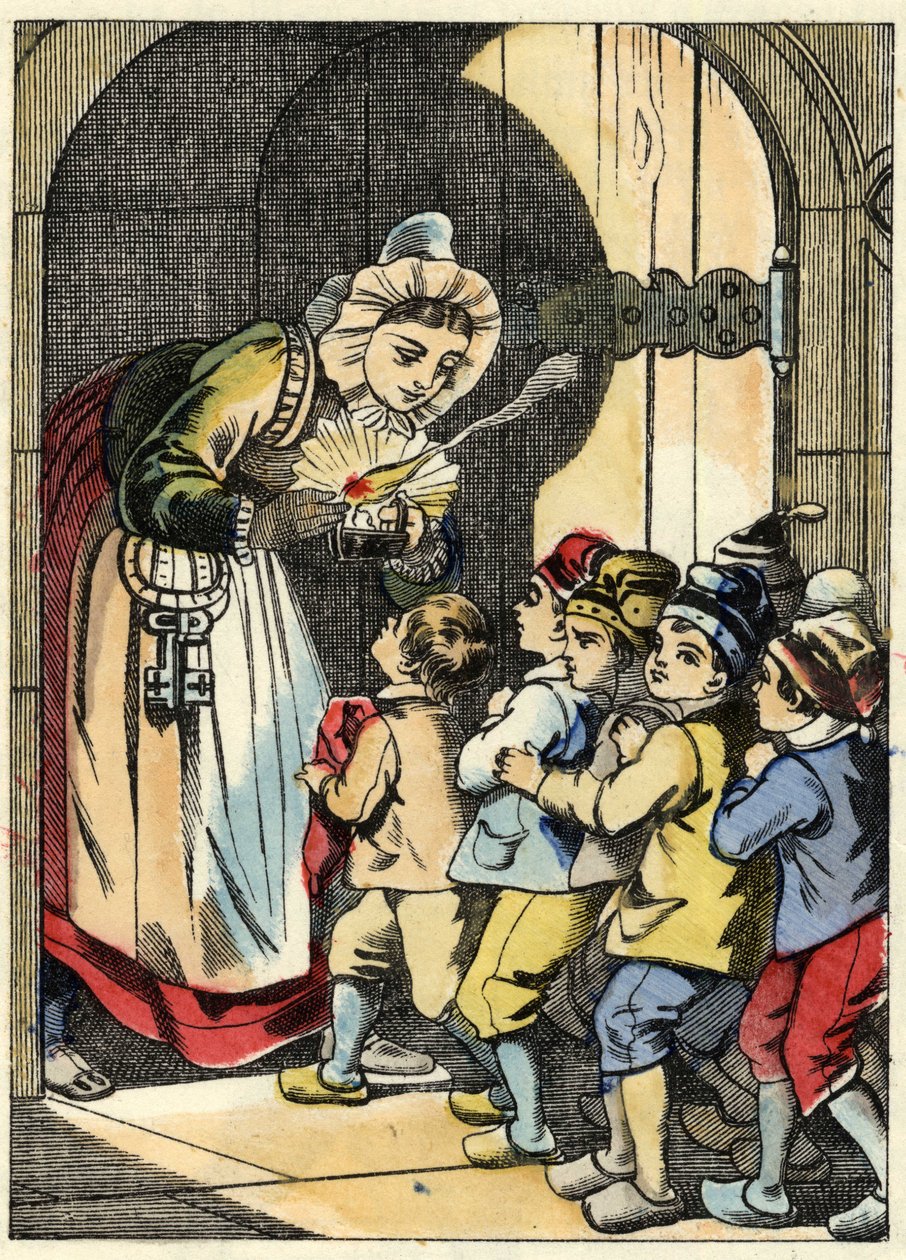 De vrouw van de reus opent de deur voor Klein Duimpje en zijn broers (illustratie van het sprookje 