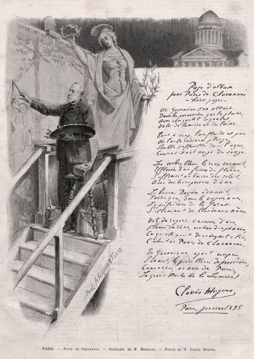 De schilder Puvis de Chavannes (1824-1898) bezig met schilderen - allegorie door M. Merwart met een gedicht van Clovis Hugues door Unknown artist