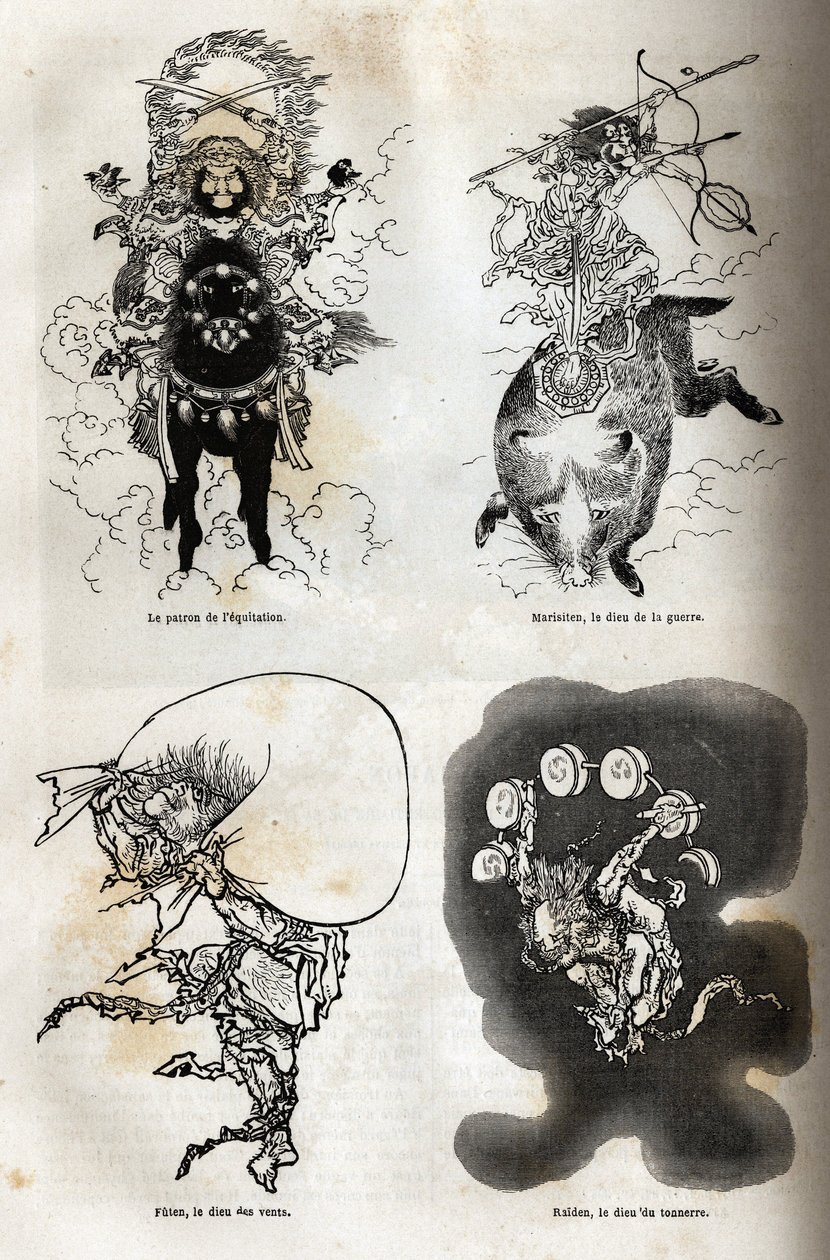 Het pantheon van Japanse godheden: traditionele weergave van enkele typische figuren: de patroon van het paardrijden; Marisiten, de god van de oorlog; Futen, de god van de winden; Raiden, de god van de donder. Gravure ter illustratie van de reis naar Japan door Unknown artist