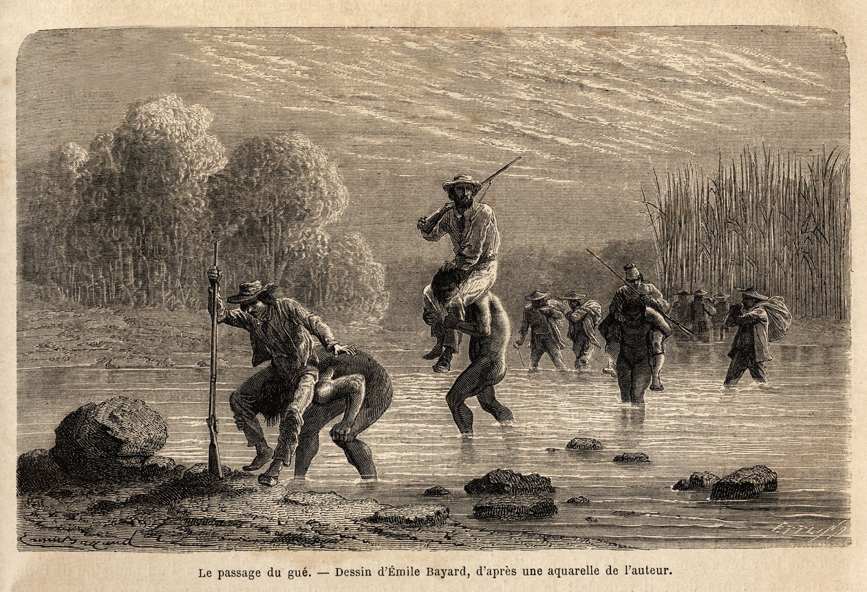 De doorgang van de gue, de Siriniris-indianen, stellen spontaan voor om de leden van de expeditie op hun schouders te dragen, om hen over de vijvers te laten oversteken die zich aan de voet van de berg Basiri (Peru) hebben gevormd. Gravure ter illustratie  door Unknown artist