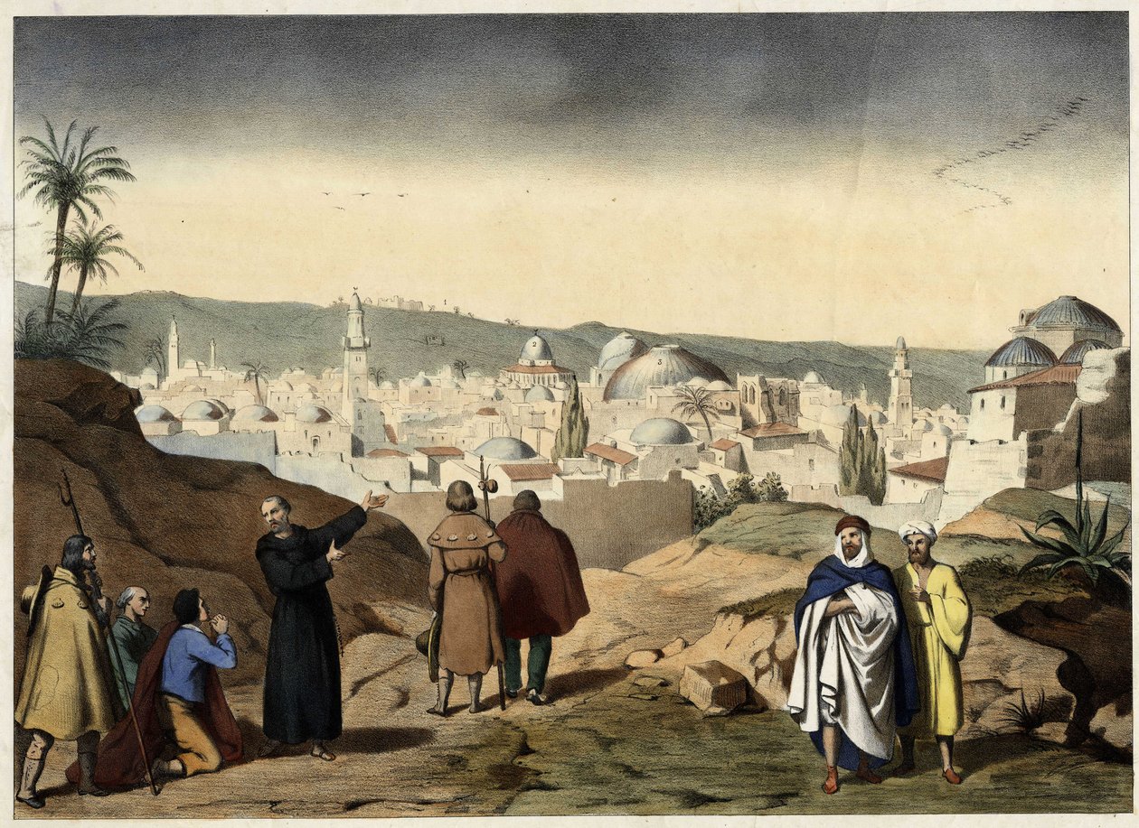De pelgrims arriveren in de stad Jeruzalem. Anonieme gravure uit het midden van de 19e eeuw - in “Groot Catechismus van Families”. door Unknown artist