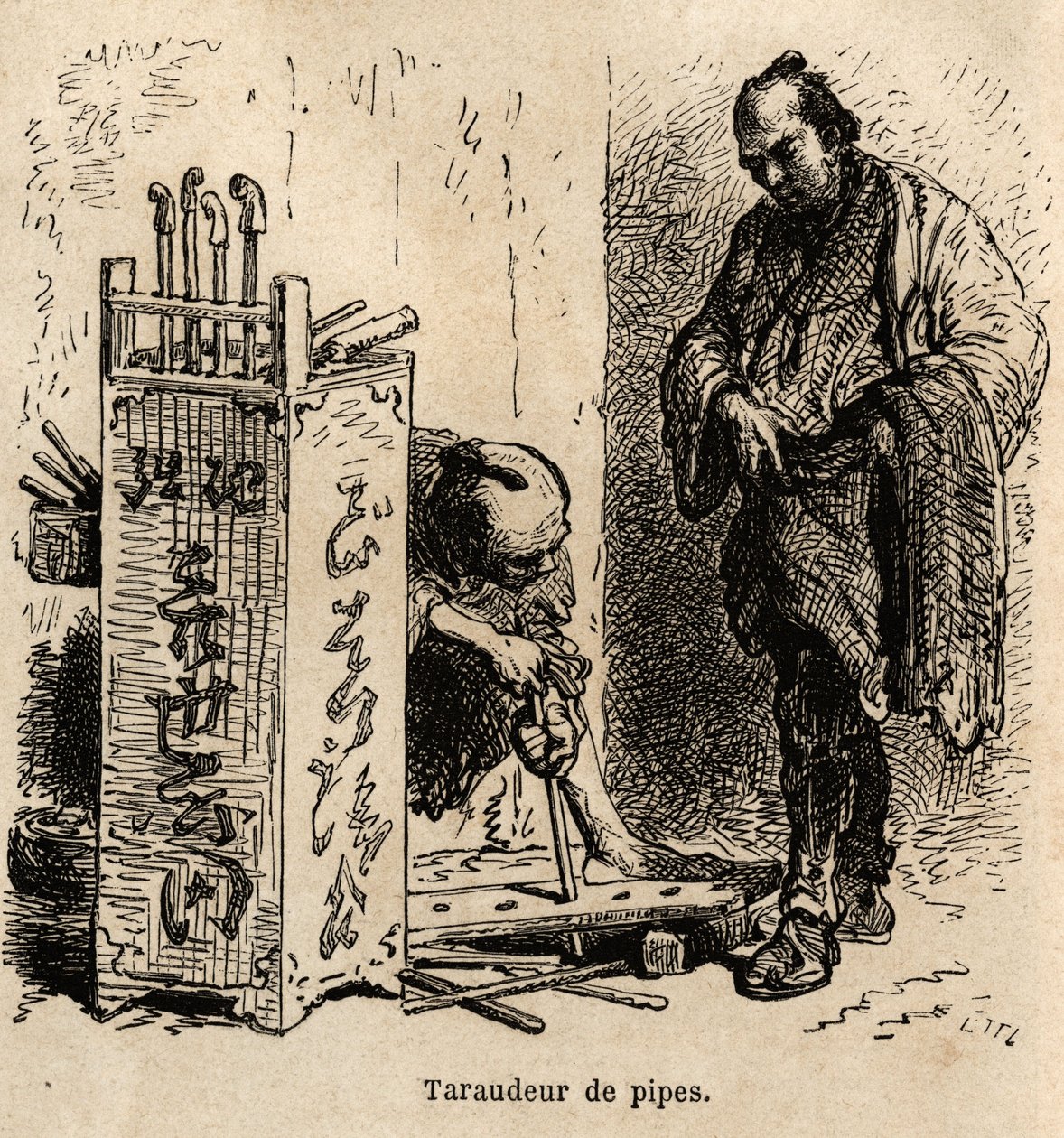 De pijptapmachine in zijn werkplaats, hij gebruikt een eenvoudige plank met gaten van ongelijke grootte, gezet in een ijzeren spiraal, om de pijpen te tappen. Gravure ter illustratie van de reis naar Japan, door Aime Humbert, minister van de Zwitserse Conf door Unknown artist