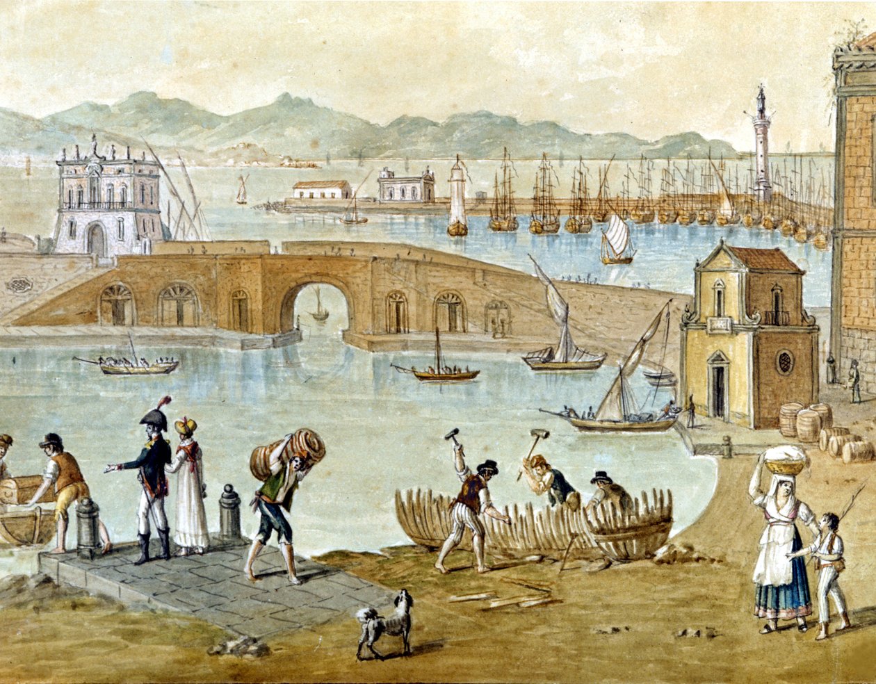 De haven van Napels en Santa Lucia rond 1800: reizigers maken zich klaar om te vertrekken en timmerlieden bouwen een boot. Aquarel door Unknown artist