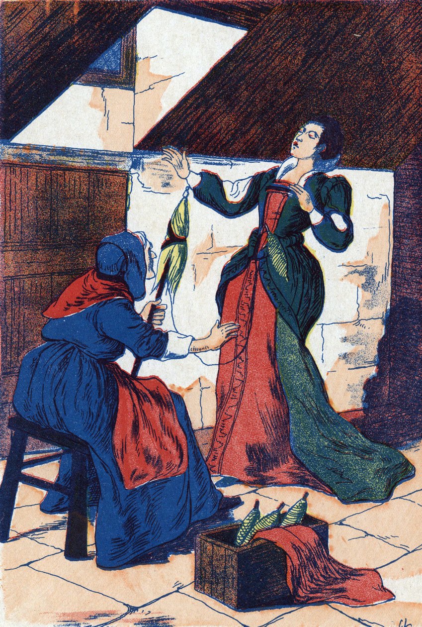 De prinses prikt haar hand en valt in slaap. Anonieme illustratie voor 