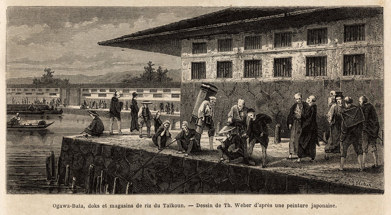 De kade en pakhuizen van rijstwinkels in Taikoun (tijdelijke soeverein van Japan), aan de Ogawa-rivier (die Edo, het huidige Tokio, doorkruist). Gravure ter illustratie van de reis naar Japan, door Aime Humbert, minister van de Zwitserse Confederatie, in 1 door Unknown artist