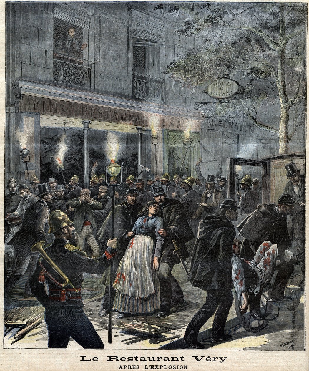 Het restaurant Very (24 Boulevard Magenta in Parijs) na de explosie veroorzaakt door de aanslag van de anarchist Francois Koenigstein alias Ravachol (1859 - 1892) op 30 maart 1892. In "Le Petit Journal" door Unknown artist