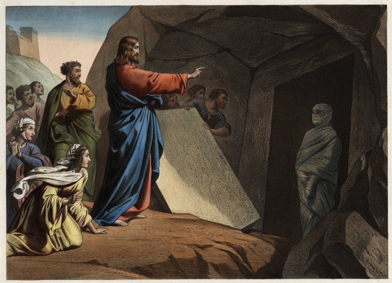 De opstanding van Lazarus. Anonieme gravure uit het midden van de 19e eeuw. door Unknown artist