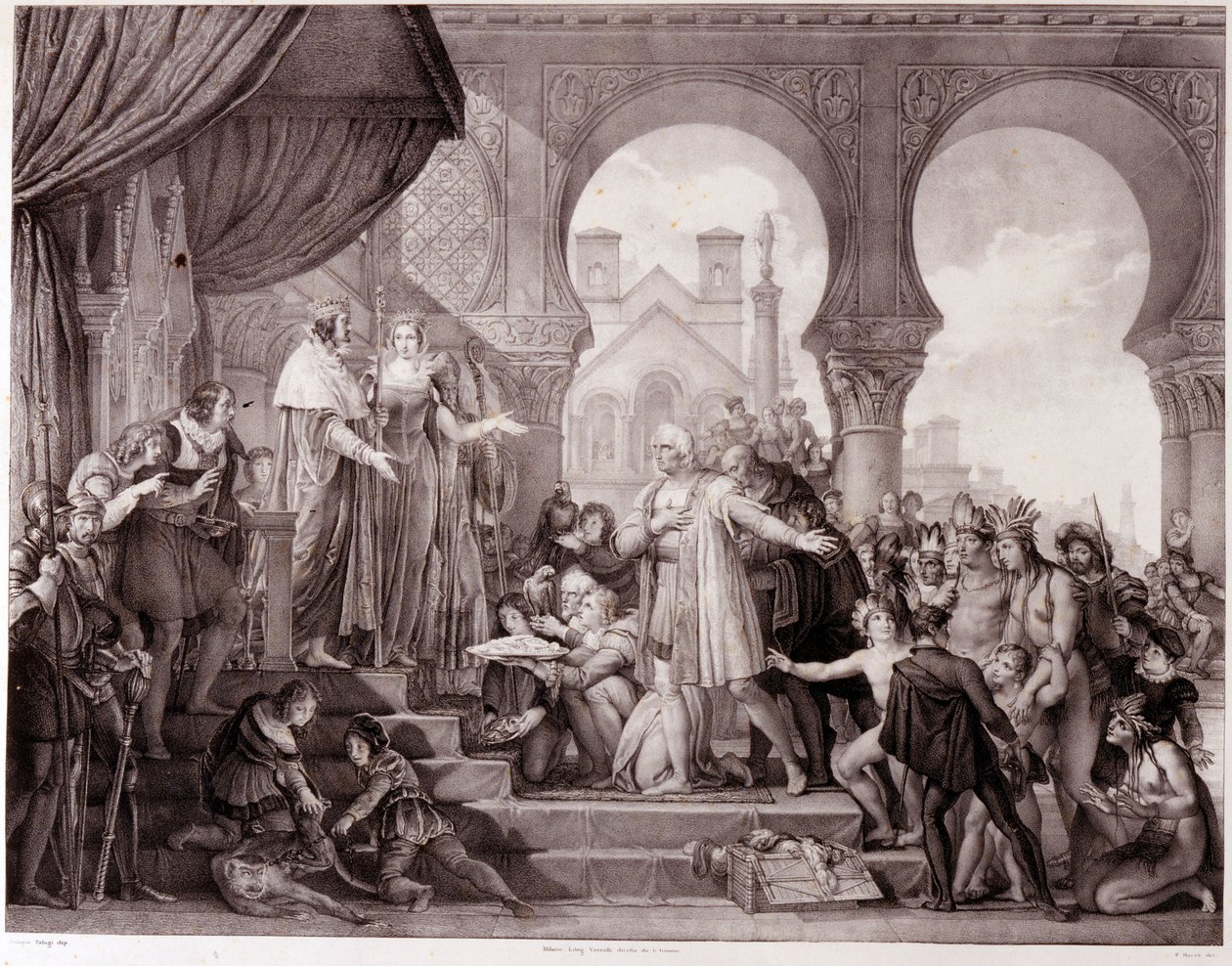 De terugkeer van Christoffel Columbus naar Spanje voor koning Ferdinand II van Aragon en Isabella I van Castilië (de Katholieke) na de ontdekking van Amerika. Gravure uit de 19e eeuw door Unknown artist