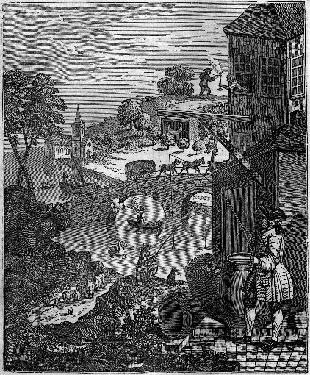 Het belachelijke perspectief Satirische illustratie door William Hogarth (1697-1764) die de kunst van het perspectief van schilders bespot door de vlakke niveaus van objecten en personen voor te stellen die in werkelijkheid onmogelijk zijn vanwege afstande door Unknown artist