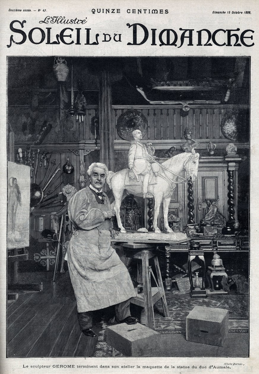 De beeldhouwer Jean Léon (Jean-Léon) Gérôme (1824-1904) voltooit in zijn atelier het model van het standbeeld van de hertog van Aumale - Gravure in 
