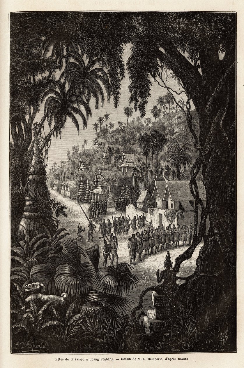 De seizoensvieringen in Luang Prabang, koninklijke hoofdstad van Lan Xang (koninkrijk van de miljoen olifanten) (hedendaags Laos), bestaande uit een processie van de inwoners en een pagode van aanbidding door de stad. Gravure ter illustratie van een ontdek door Unknown artist