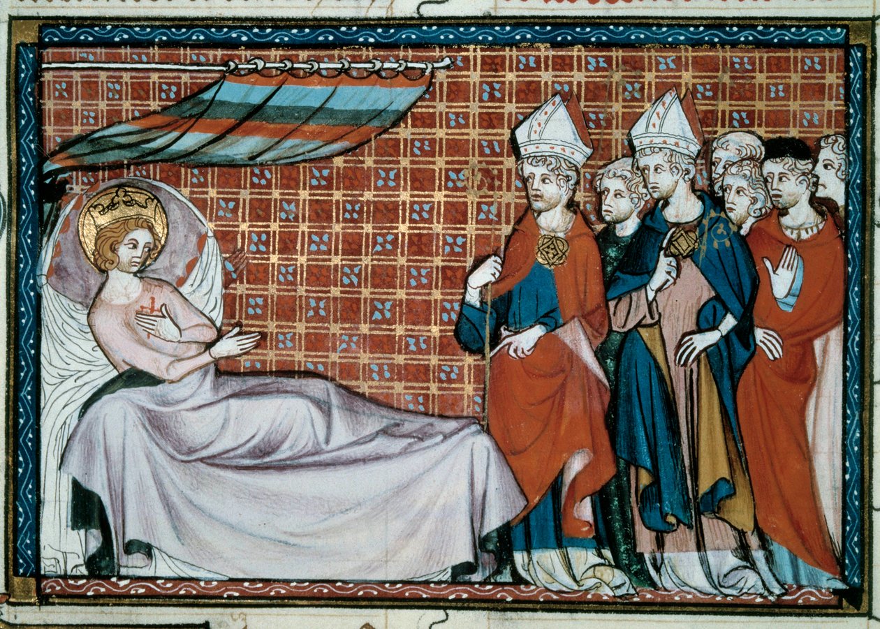De zieke koning van Frankrijk Saint Louis (Louis IX) (1214-1270) spreekt zijn familie en de geestelijkheid toe. Miniatuur uit een manuscript 