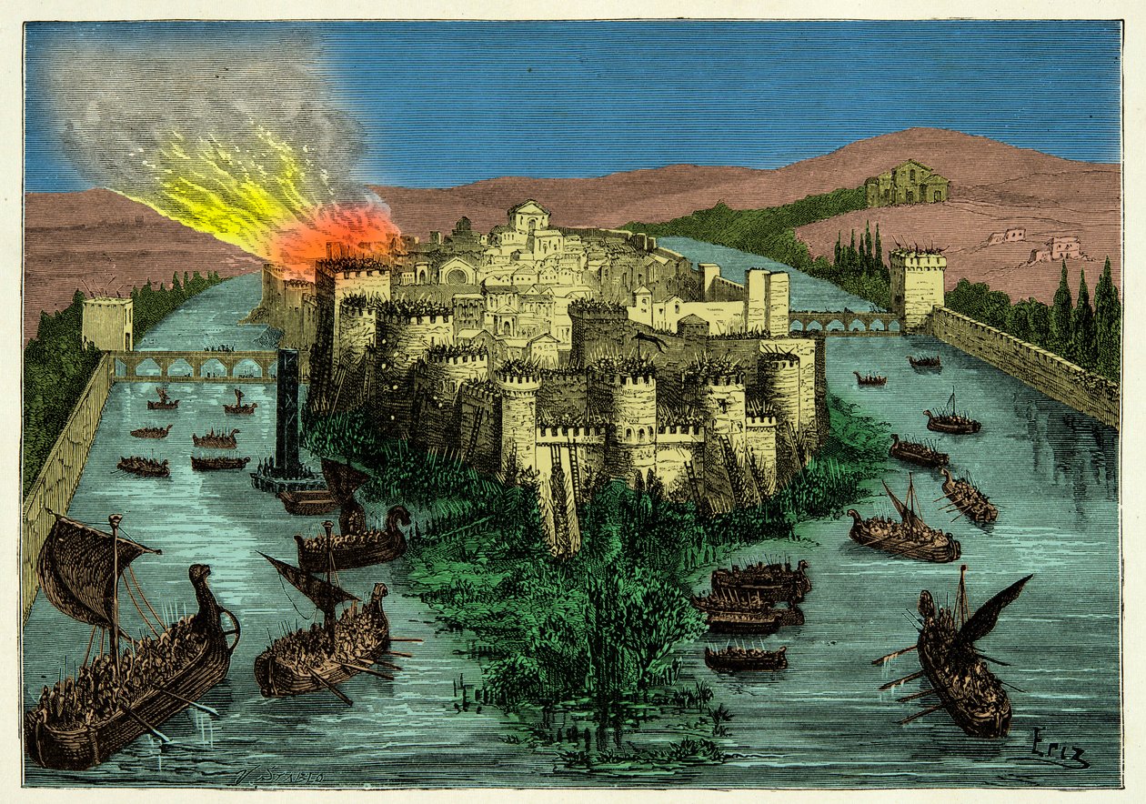 Het beleg van Parijs in 845 door de Vikingen met Ragnar Lodbrok aan hun hoofd door Unknown artist