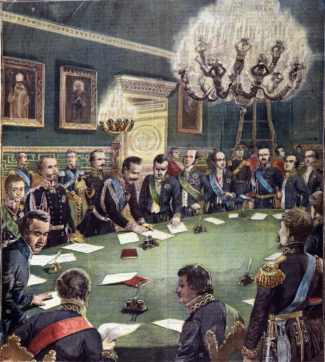 De ondertekening door Karel Albert, Koning van Sardinië, van het Basisstatuut van de Monarchie van Savoye op 07/02/1848, dat op 4 maart 1848 werd aangenomen, bekend als het Albertijnse Statuut of Statuto Albertino. door Unknown artist