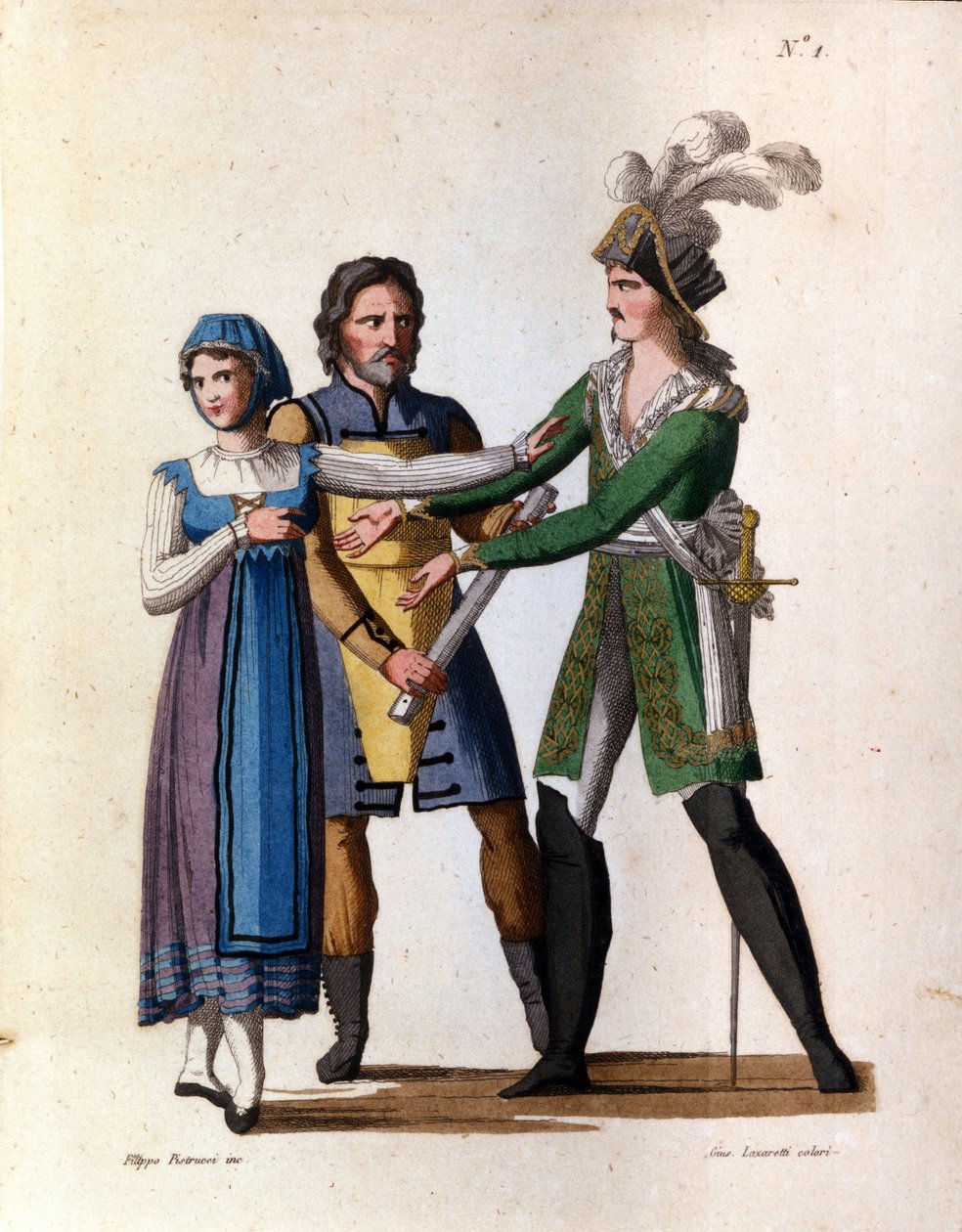 De zangers Savino Monelli (Bertrando), Teresa Bellog (Isabella) en Filippo Galli (Tarabotto) in de opera semi-seria 