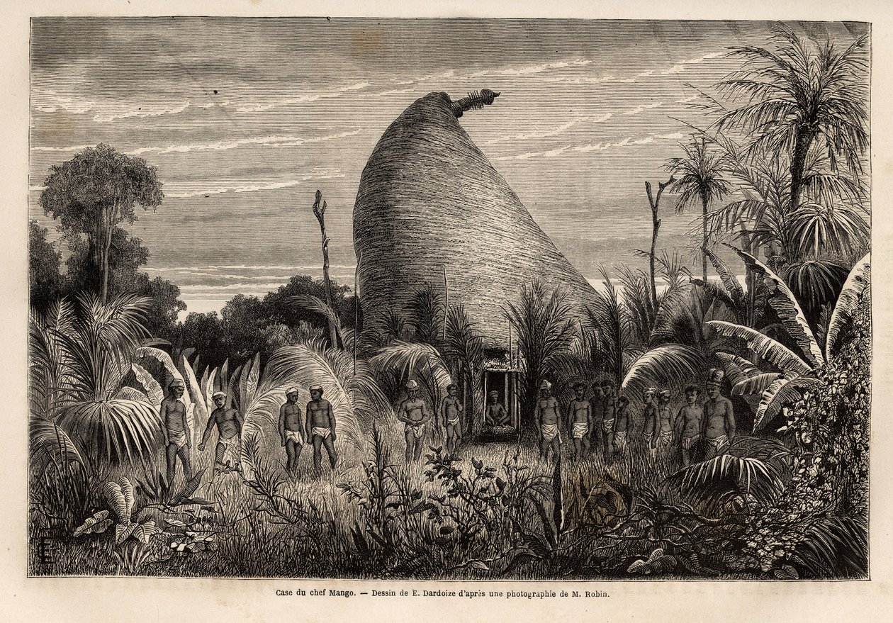 Het plein van Chief Mango, een krijgerswoning die opvalt door zijn hoogte, het beeld van het taboe dat het dak en de pilaren van de deur bekroont, evenals de menselijke huiden die aan lange palen bij de ingang van het plein zijn bevestigd. door Unknown artist