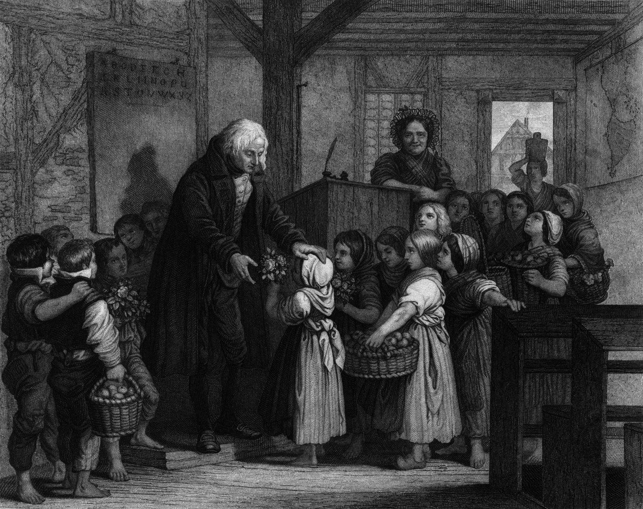 De leerlingen van een klas komen samen om bloemen te geven aan hun schoolmeester op zijn verjaardag. Gravure uit de 19e eeuw door Unknown artist