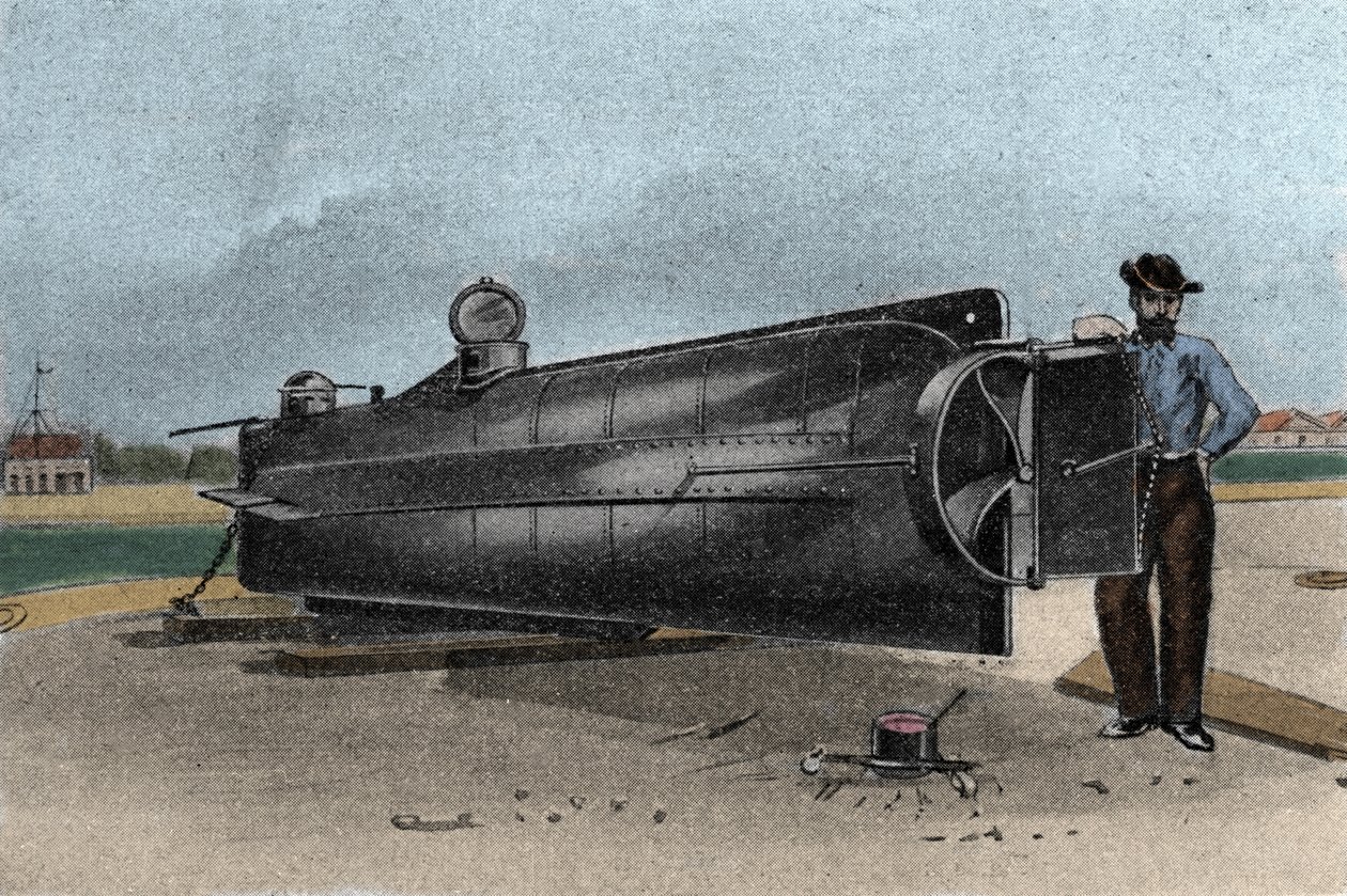 De onderzeeër (submarine) CSS H. L. Hunley gebruikt door de marine van de Geconfedereerde Staten tijdens de Secessieoorlog. 1861-1865 Gravure uit de 19e eeuw door Unknown artist