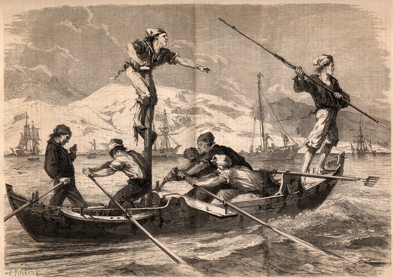 De zwaardvis harpoenvissen (pesce spada, zwaardvis) aan de kust van Sicilië in Italië in 1862. Gravure in 