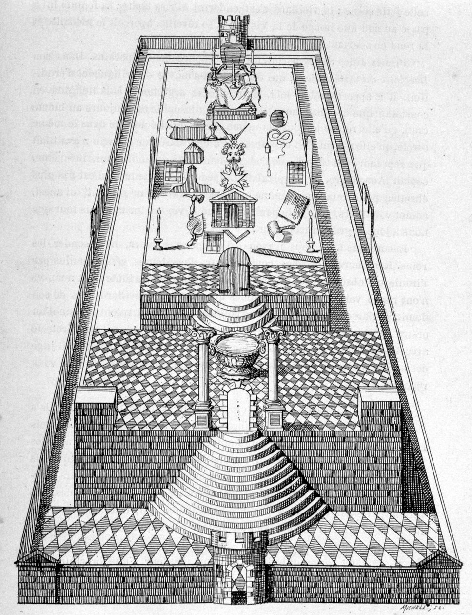 De tempel van Salomo in Jeruzalem, volgens een van de figuren die op de vloer van de loges moeten worden getekend tijdens de Franco-Masonic recepties - in 