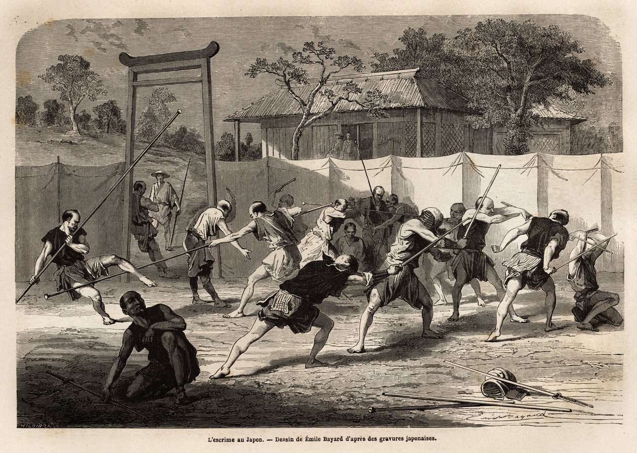 De training van Japanse krijgers in zwaard- en speergevechten, in een soort arena omgeven door gespannen canvas. Gravure ter illustratie van de reis naar Japan, in 1863-1864, door Aimé Humbert, minister van de Zwitserse Confederatie, in 