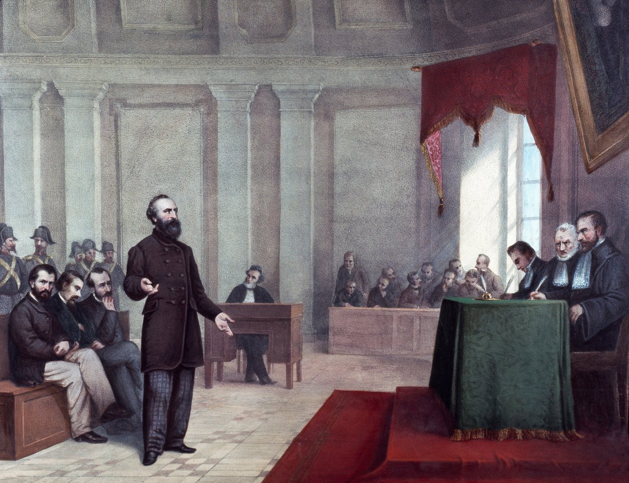 Het proces van Felice Orsini die de aanslag op Napoleon III pleegde op 14 januari 1858. Lithografie uit het einde van de 19e eeuw. Milaan, privécollectie door Unknown artist