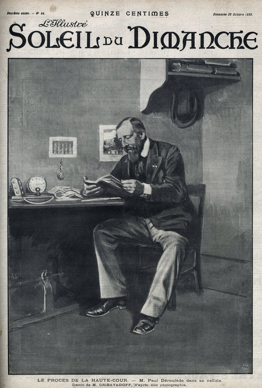 Het proces van het Hooggerechtshof: de heer Paul Deroulede (1846-1914), een Franse schrijver en nationalistische activist die een belangrijke rol speelt in het anti-dreyfusisme, in zijn cel na zijn mislukte staatsgreep op 23 februari. Gravure in 