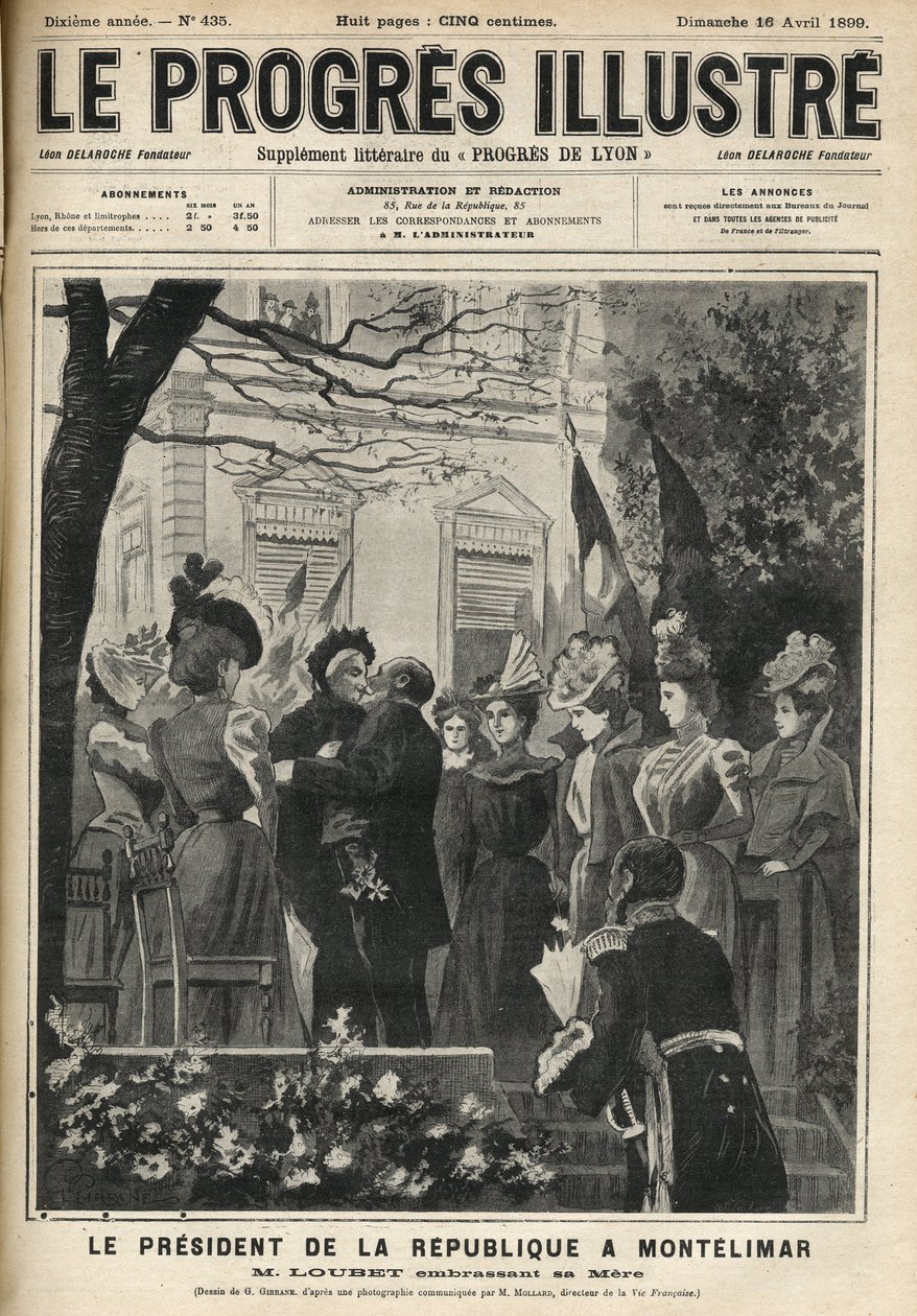 De reis van de president van de republiek naar Montelimar (Drome, Frankrijk): Emile Loubet (1838-1929) en zijn moeder. Gravure in 