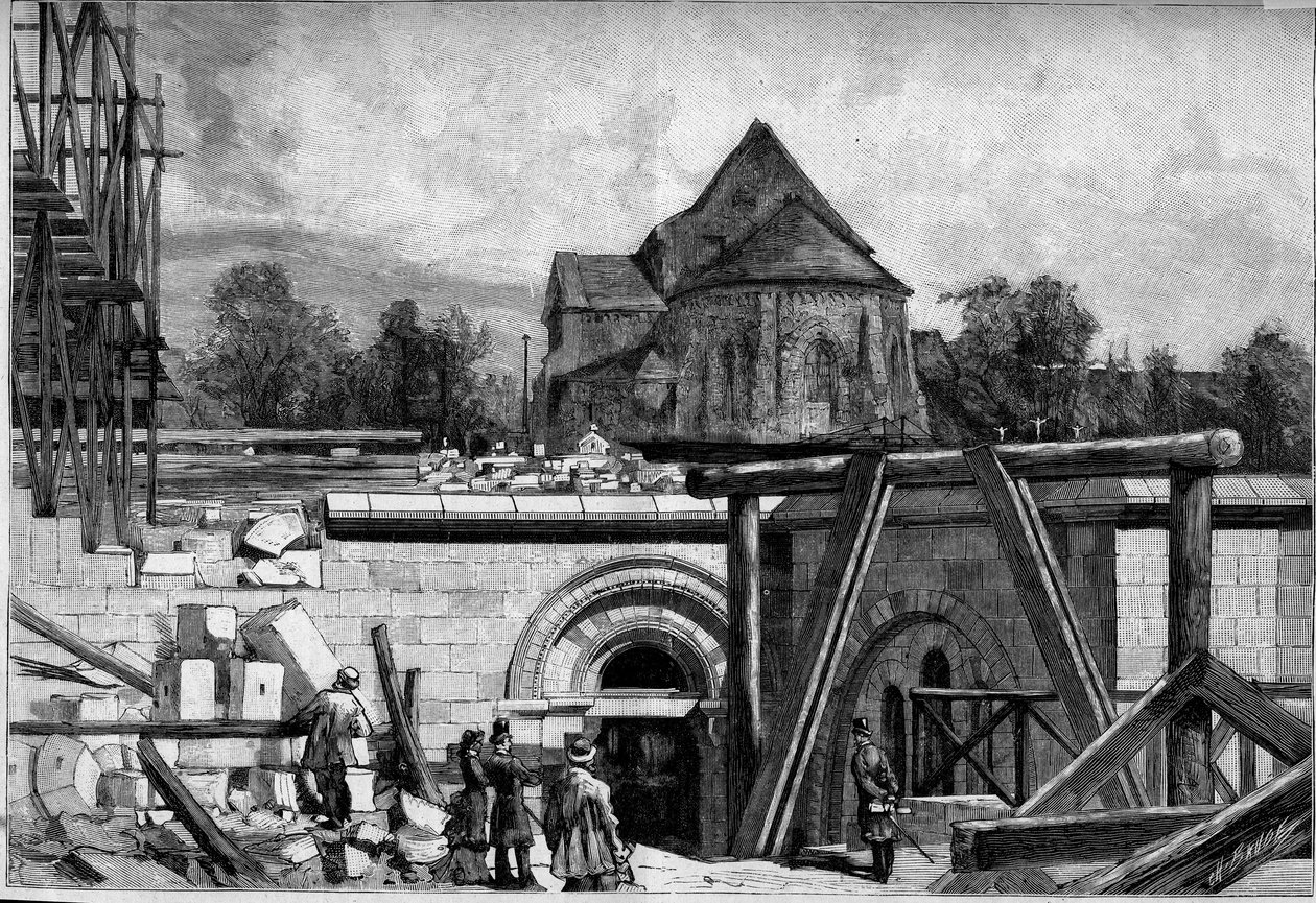 De ondergrondse constructies van de Sacre Coeur kerk in Montmartre: de oude kerk. Gravure in 