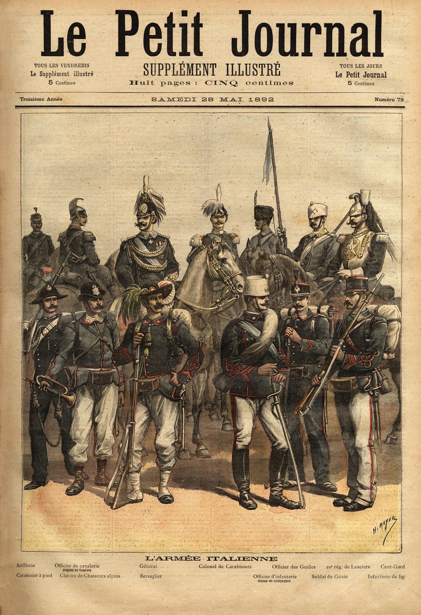 De uniformen van het Italiaanse leger, een paard van links naar rechts: de artillerie, de cavalerieofficier, de generaal, de kolonel van de carabinieri, de officier van de gidsen, het 10e regiment van speren, de honderdste. Staand van links naar rechts: de door Unknown artist