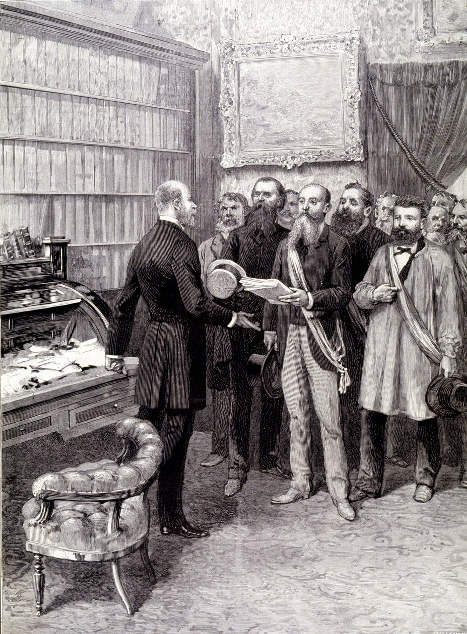 Het bezoek van de arbeidersafgevaardigden aan het Palais Bourbon (Jules Guesde, Mr Ferroul, Mr Baudin en Mr Thivrier) aan de secretaris-generaal van het voorzitterschap: Mr Martin, tijdens de demonstratie op 1 mei door Unknown artist