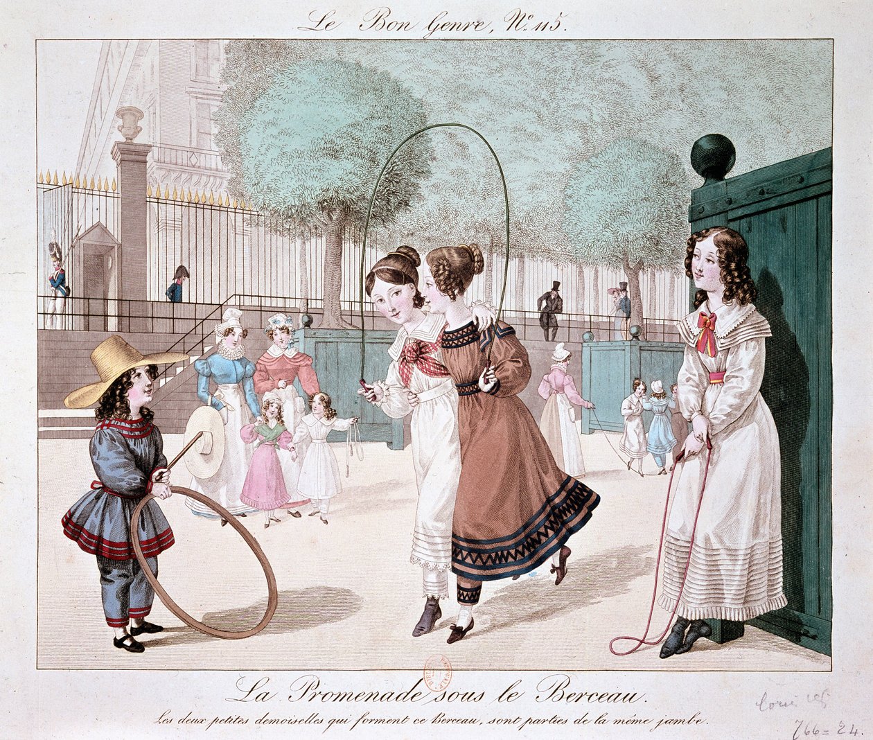 De wandeling onder de wieg: De twee kleine dames die deze wieg vormen, zijn van hetzelfde been (Jardin des Tuileries), ca. 1840 door Unknown artist