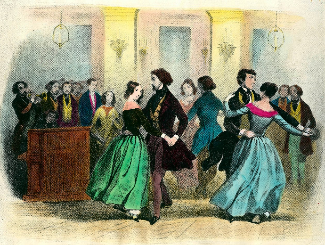 De wals: een bal in de middenklasse. 19e-eeuwse lithografie door Unknown artist