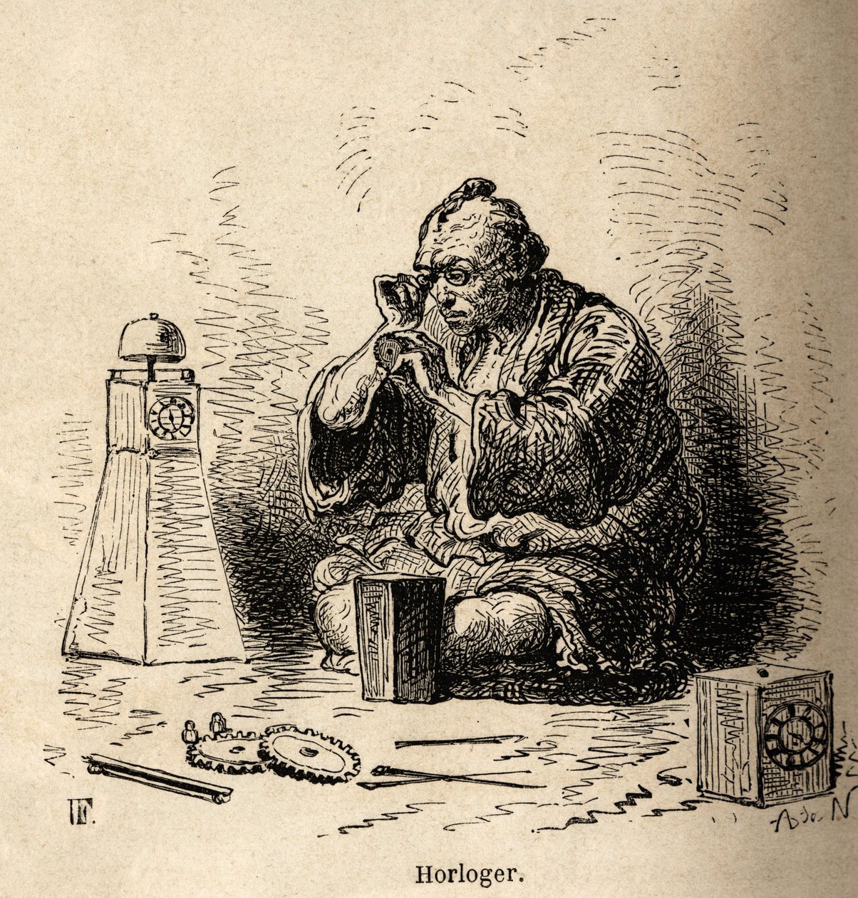 De horlogemaker en zonnewijzerfabrikant, in zijn werkplaats, gehurkt voor een kleine aambeeld, zijn gereedschap verspreid op de vloer om hem heen. Gravure ter illustratie van de reis naar Japan, door Aime Humbert, minister van de Zwitserse Confederatie, in door Unknown artist