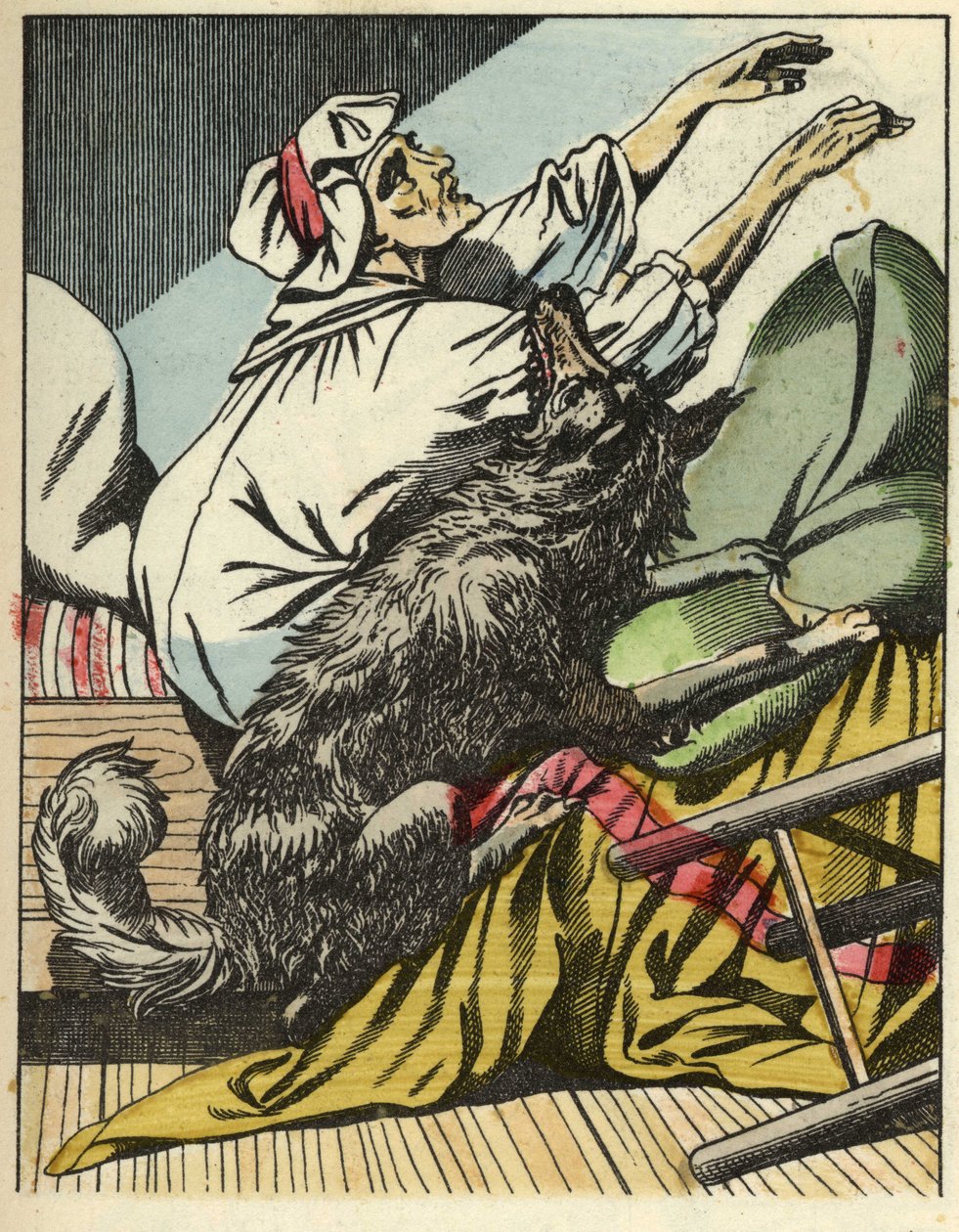 De wolf slaat de grootmoeder van Roodkapje. Illustratie van het sprookje 
