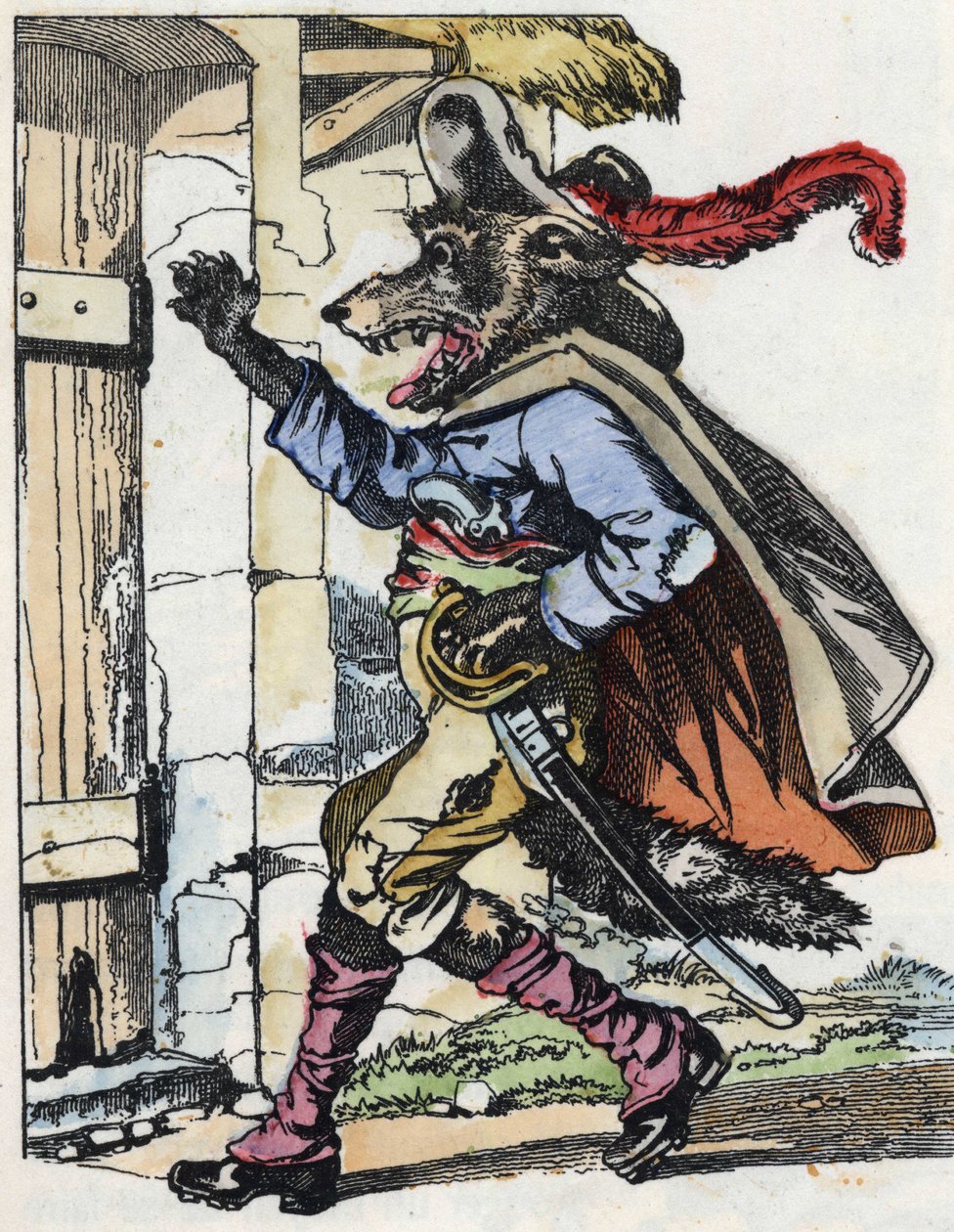 De wolf klopt op de deur van het huis van de biquet (illustratie van het sprookje 