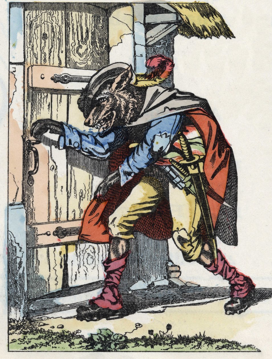 De wolf klopt op de deur van het huis van de biquets. Illustratie van het sprookje 