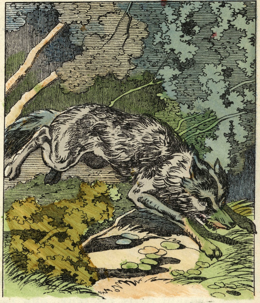 De wolf rent naar het huis van oma. Illustratie van het sprookje 
