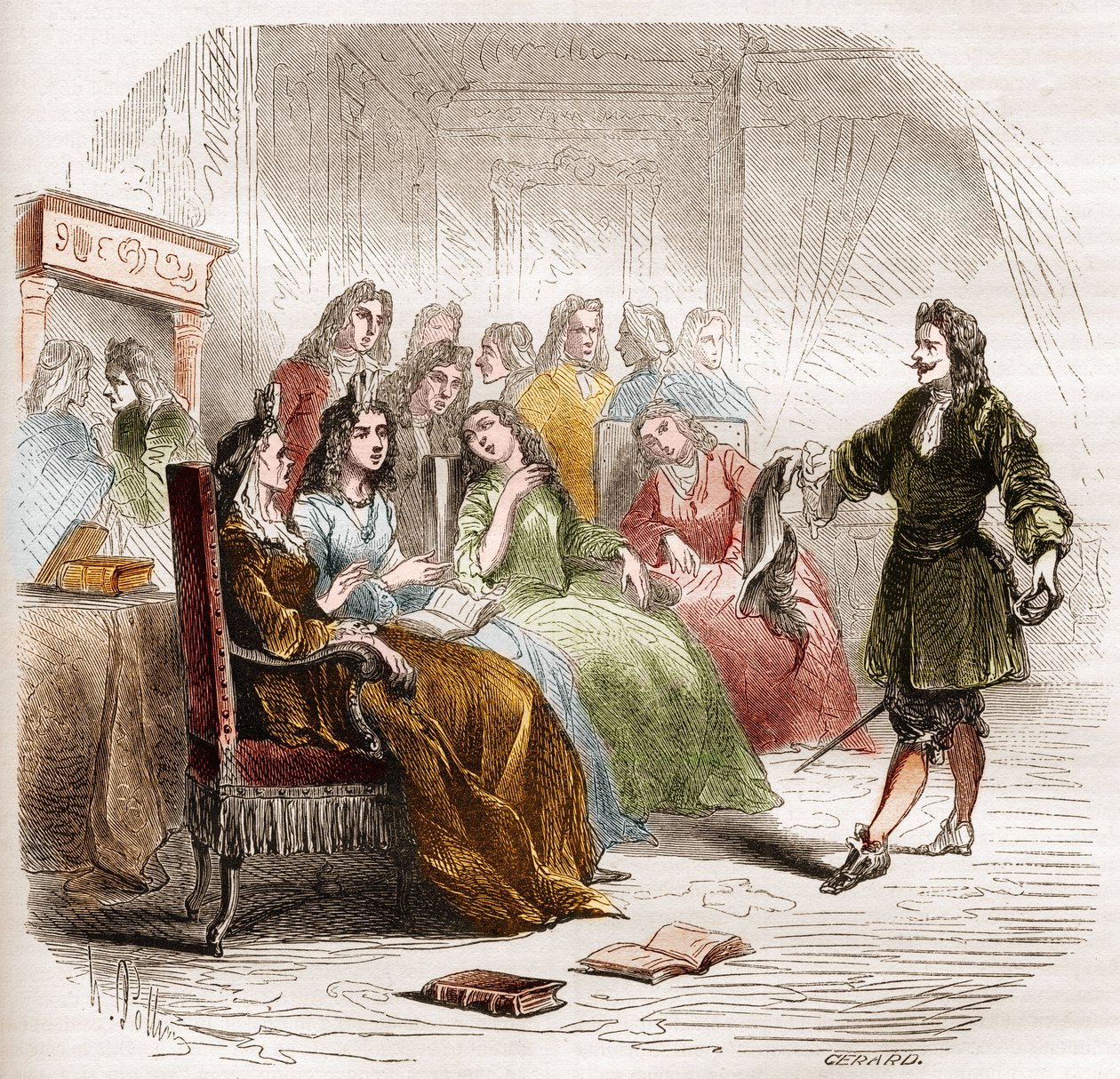 De schrijver Georges de Scudéry (1598-1667) tijdens een literaire salon georganiseerd door zijn zus, Madeleine de Scudéry, in 1650. Gravure uit 1860-1861. door Unknown artist