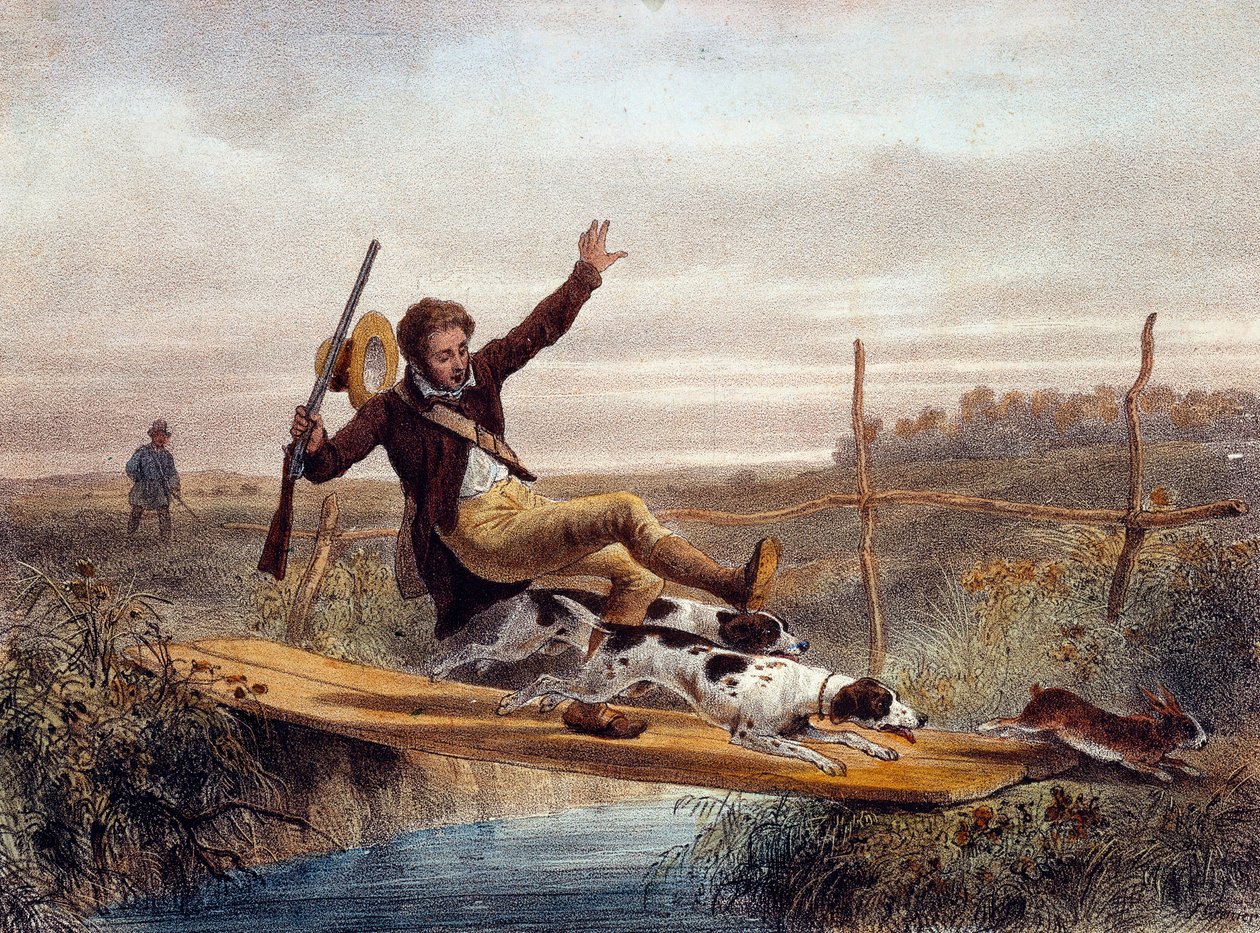 De verkeerde stap. Een jager valt van een kleine brug, geduwd door honden die een haas achtervolgen. Gravure uit de 19e eeuw. Gien, Jachtmuseum door Unknown artist