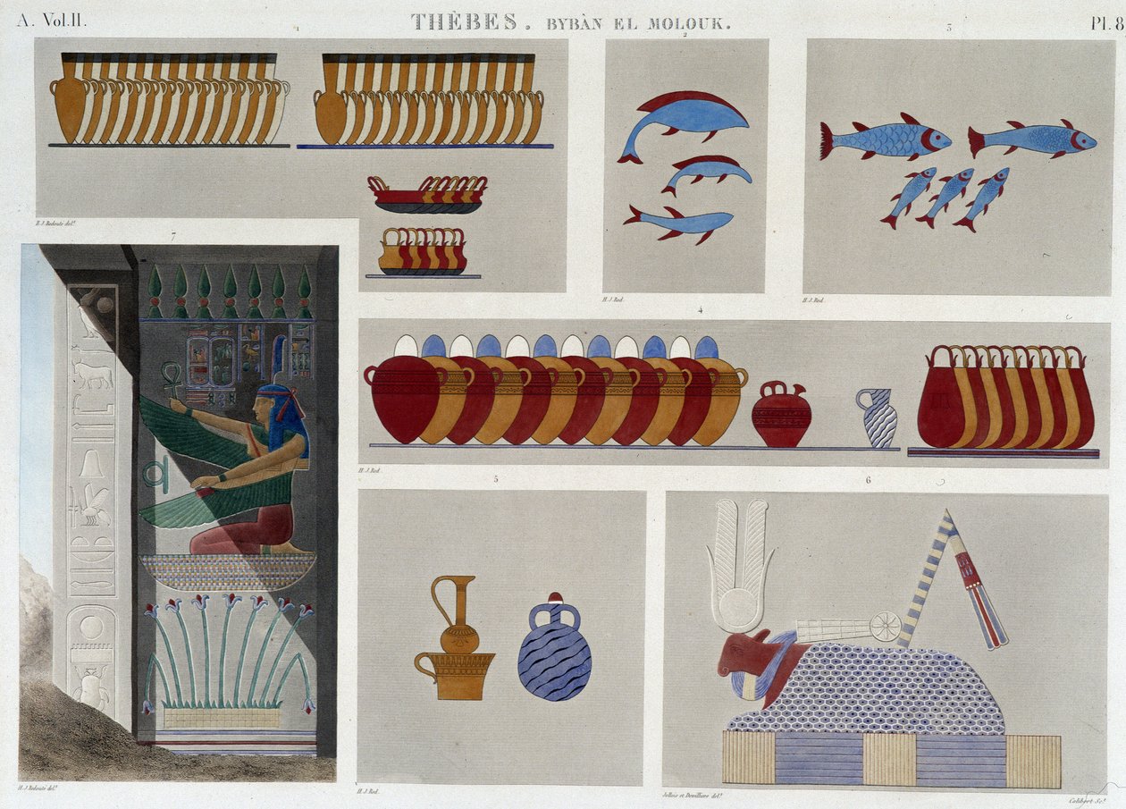 Thebe: Bybân el Molouk. pl 87: Schilderijen van het 5e graf van koningen naar het oosten, 7e bas-reliëf van de ingang van hetzelfde graf in 