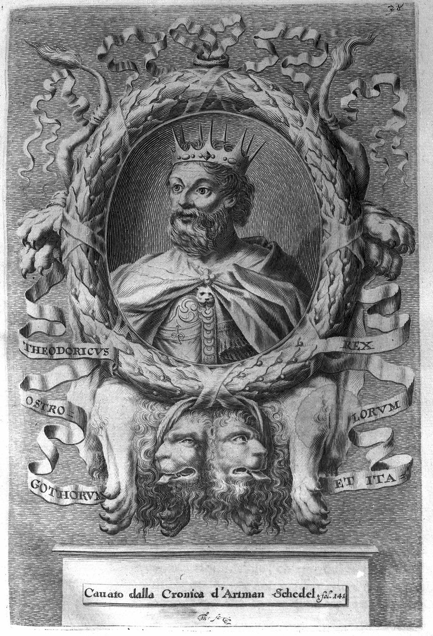 Theodorik I de Grote (ca. 454-526), koning van de Ostrogoten (474-526) en stichter van het Ostrogotische koninkrijk in Italië door Unknown artist