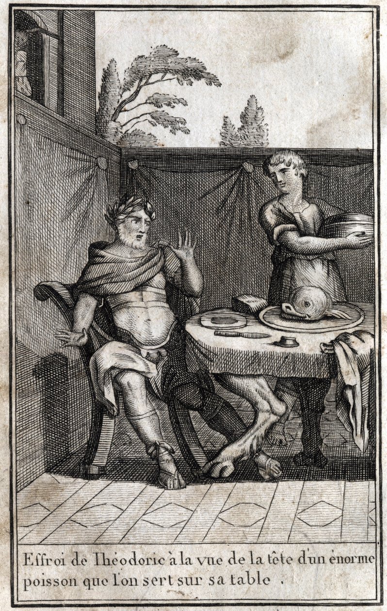 Theodorik de Grote (ca. 454/455-526), koning van de Goten, is bang bij het zien van het hoofd van een enorme vis die op zijn tafel wordt geserveerd. Gravure in 