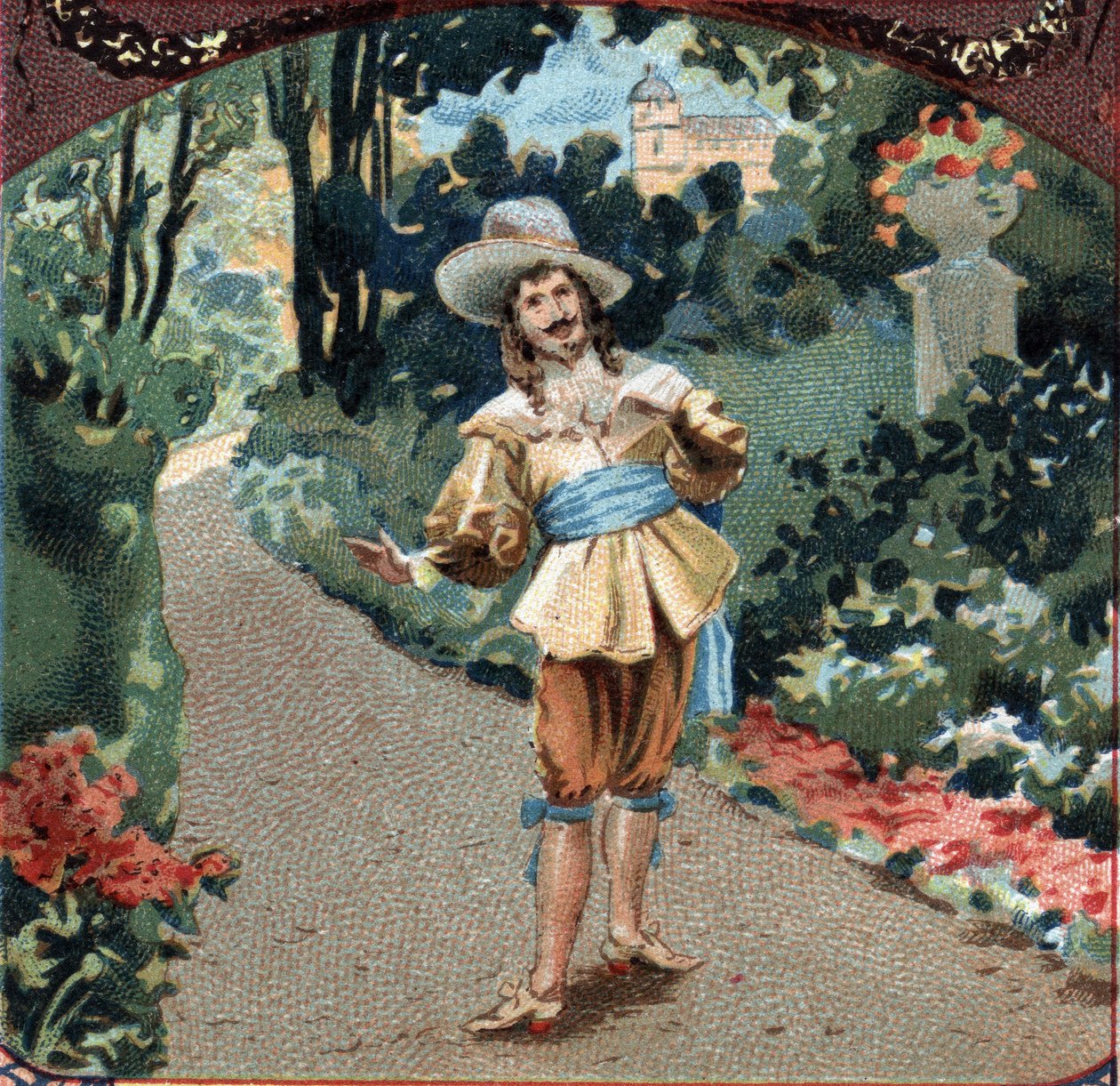 Théophile de Viau (1590-1626) Franse dichter en toneelschrijver die het gedicht “la maison de Sylvie” componeert in het Kasteel van Chantilly. Chromolithografie uit het einde van de 19e eeuw door Unknown artist