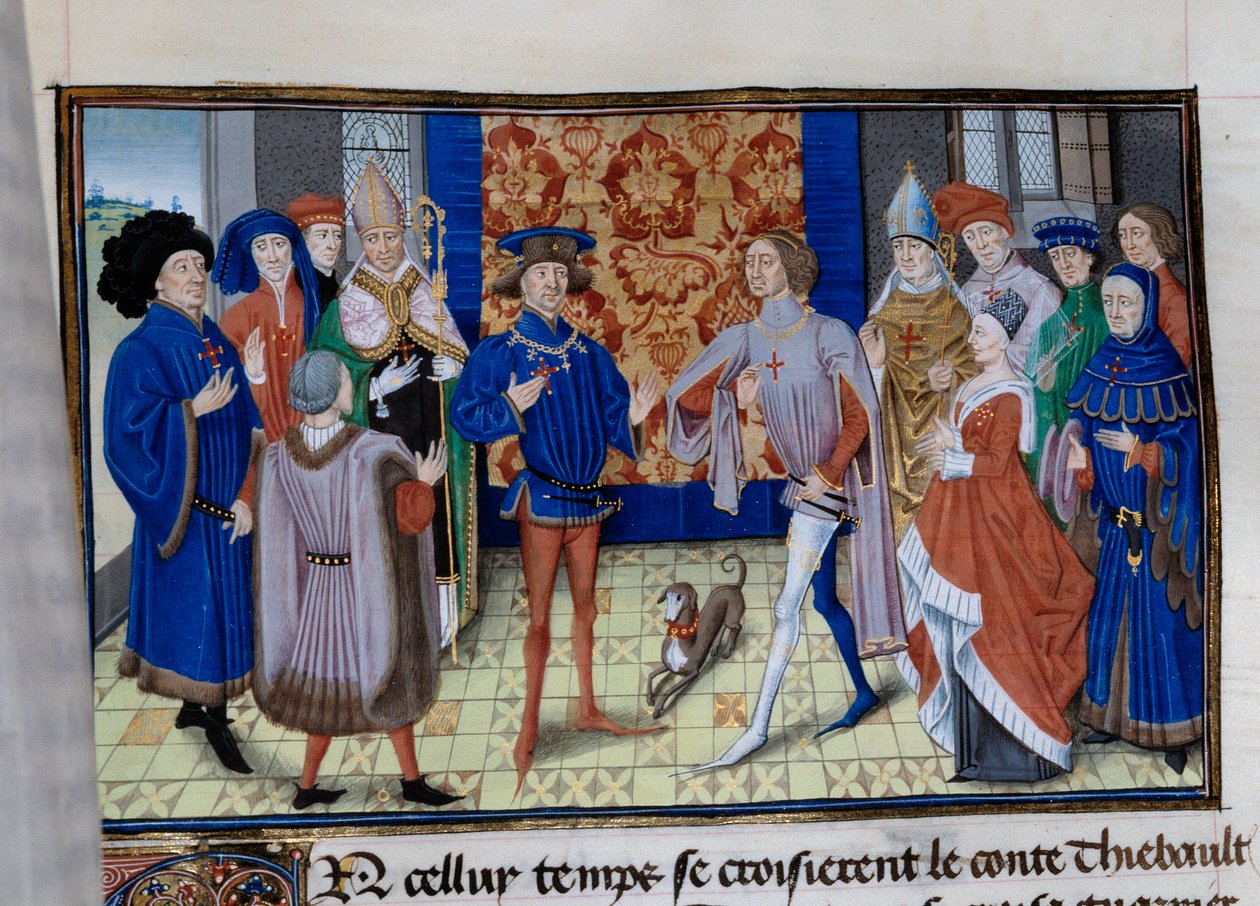 Thibaut III van Champagne, Lodewijk, Graaf van Blois en Chartres, en Boudewijn IX van Vlaanderen ontmoeten elkaar. Miniatuur in 