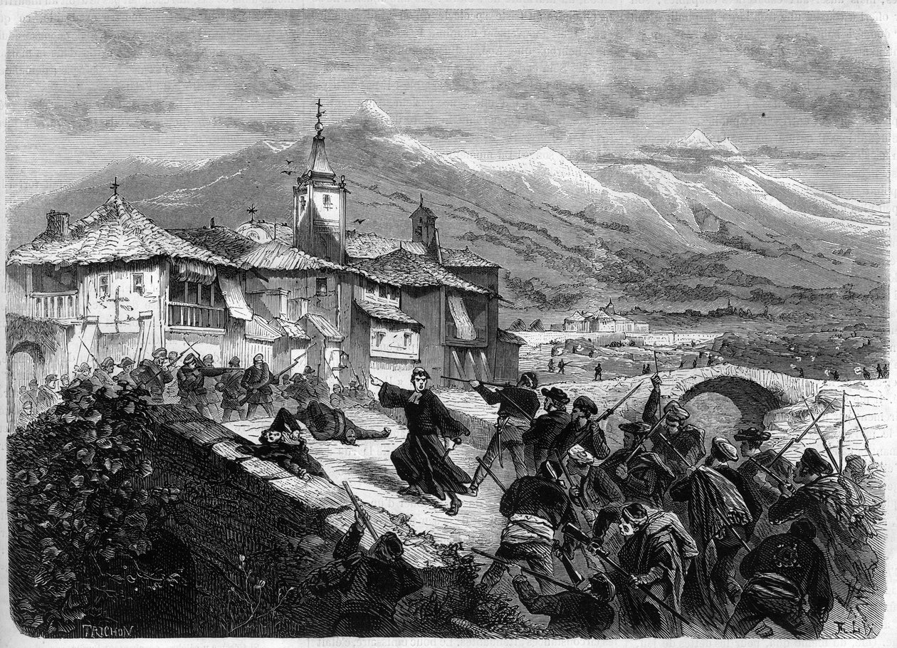 Derde Carlistenoorlog (1872-1876): Slag tussen regeringstroepen en een Carlistenbende in Navarra, Spanje. Gravure in "L